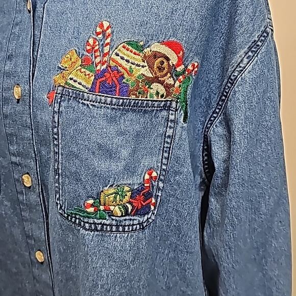 Solutions Original Denim Christmas Shirt Button Closure 2 Pocket Woman Size L - Picture 6 of 11